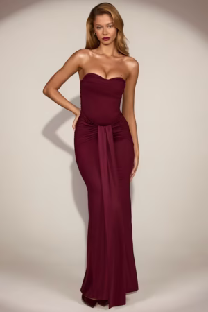 Draped Bandeau Peekaboo Gown in Wine Red